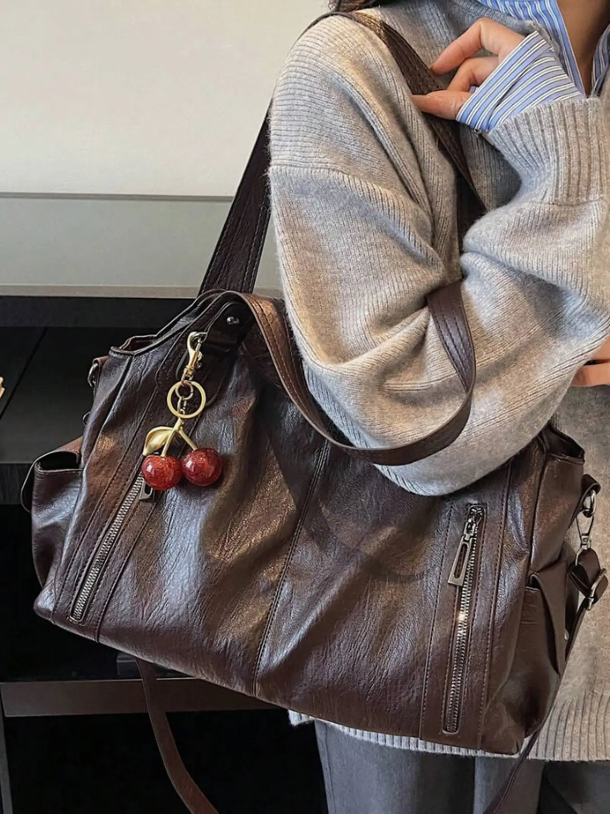 Retro Textured Tote Bag, Casual Handbag, Minimalist Crossbody Bag, Large Capacity Shoulder Bag with Zipper Pockets, Suitable for Commuting, Shopping & Daily Wear
